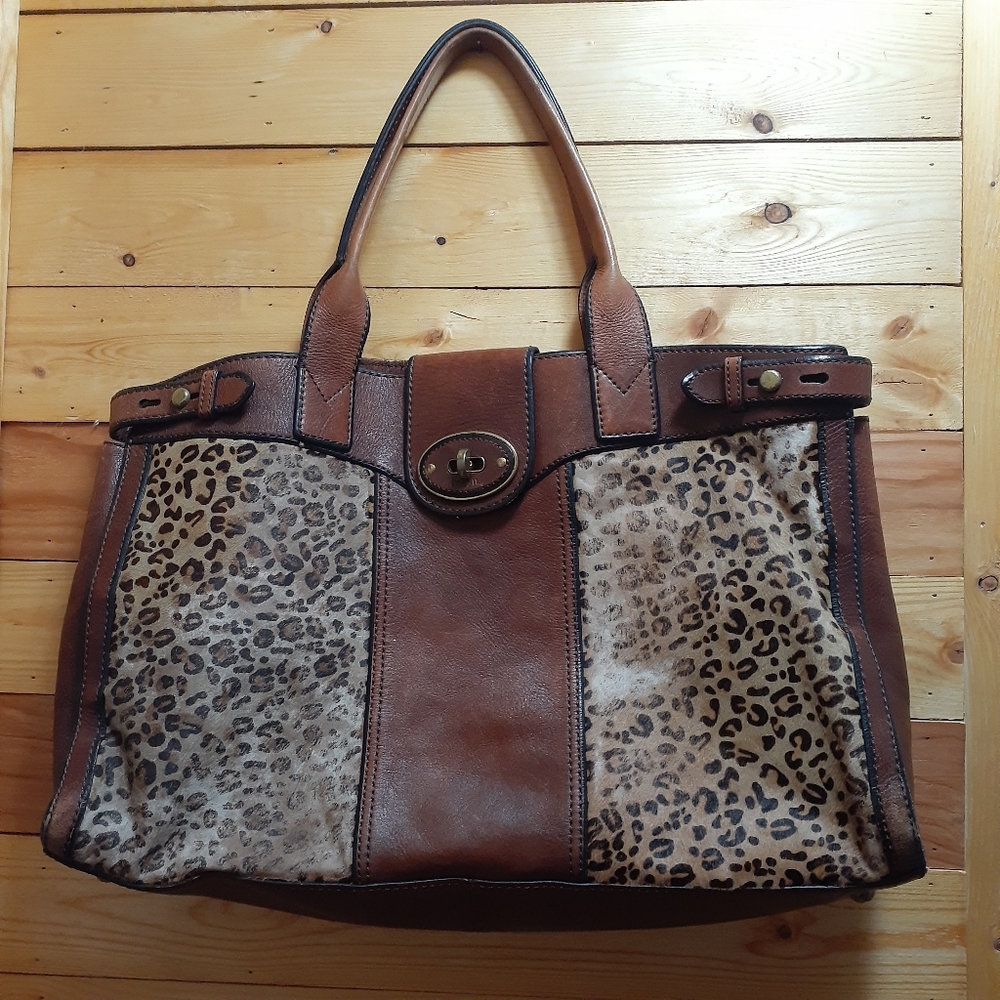 Vintage Fossil reissue tote bag brown leather cheetah print calf hair.